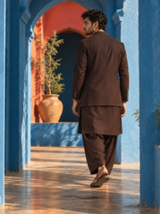 Chocolate brown men's coat paired with traditional shalwar kameez