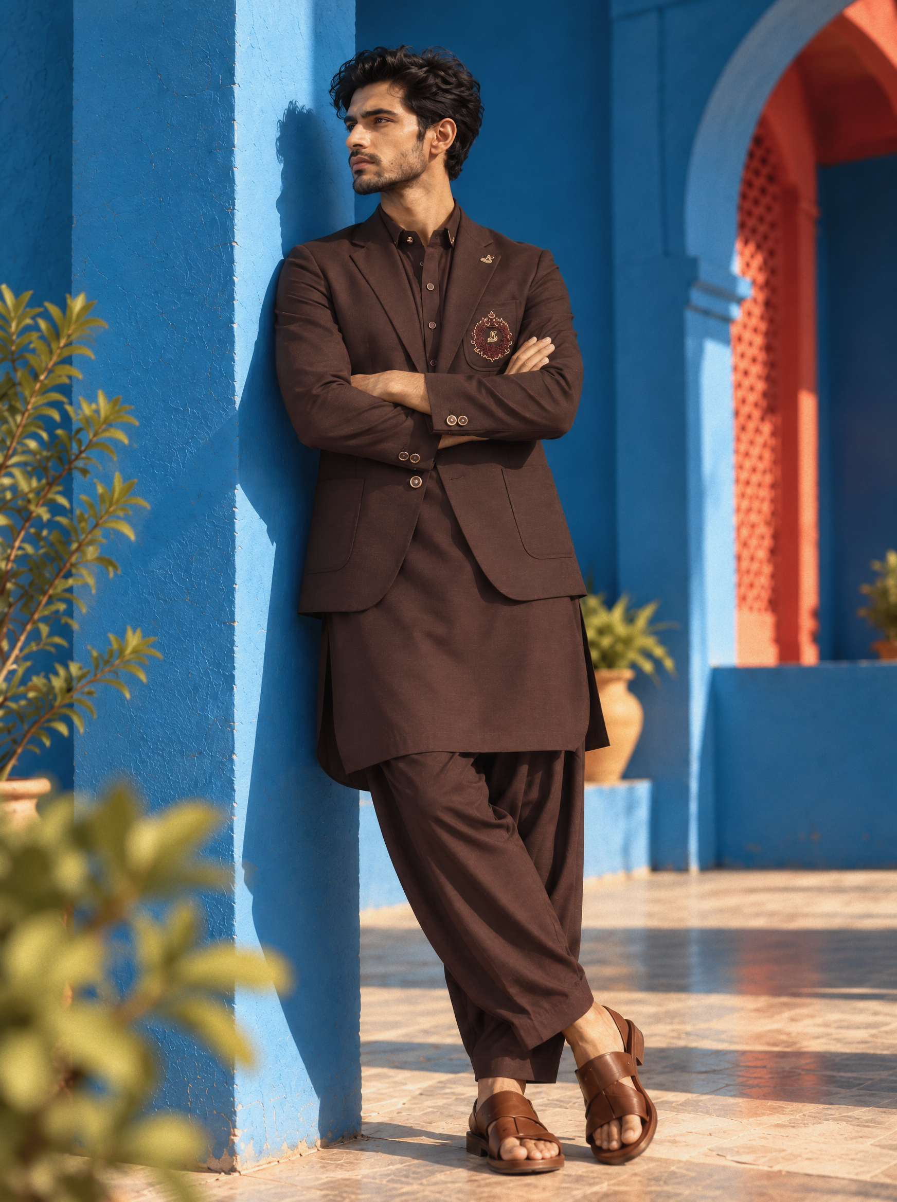 Chocolate brown coat for men with shalwar kameez ES-272