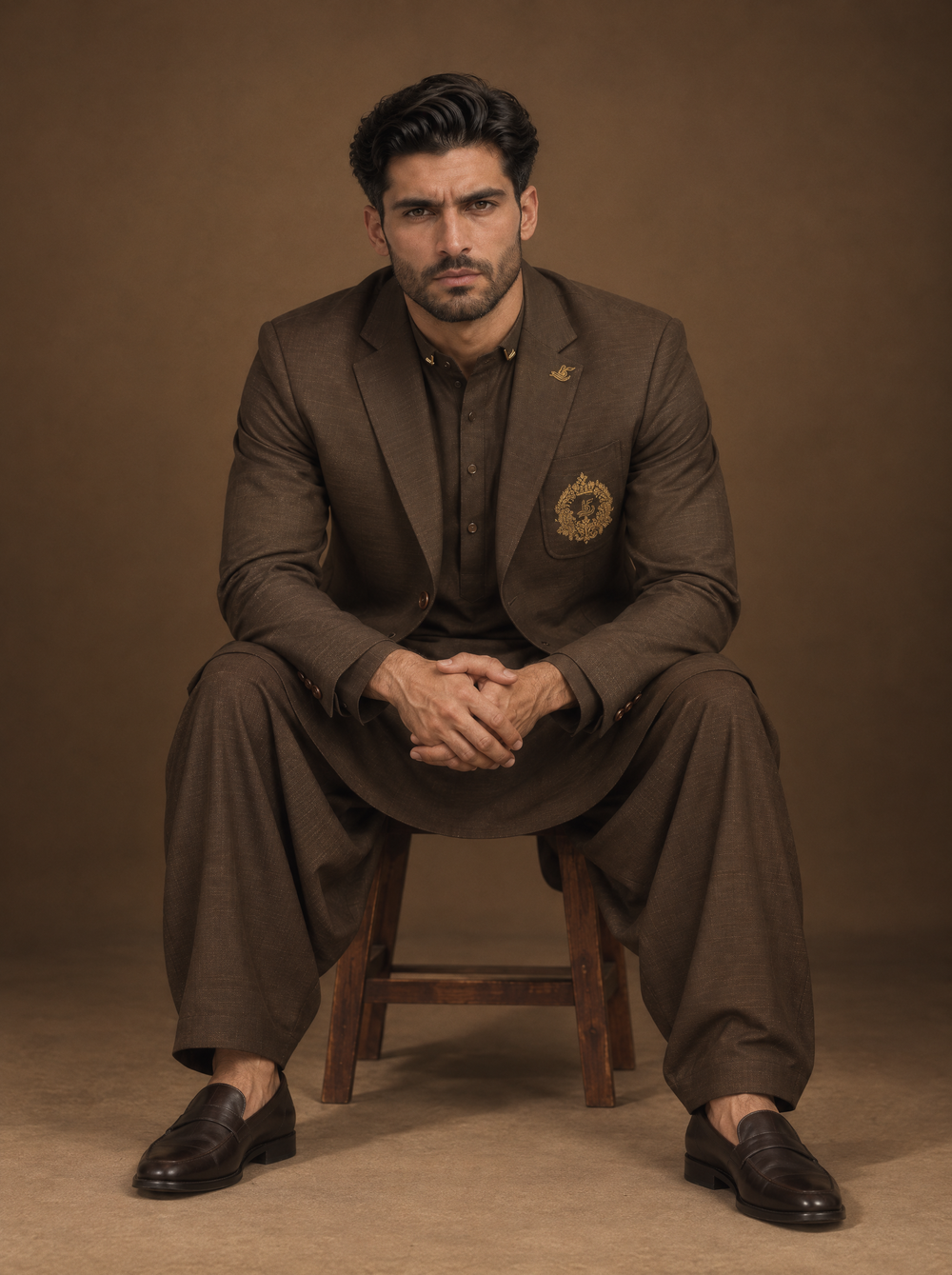 Dark brown Pakistani men's coat with traditional shalwar kameez