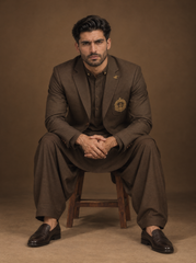 Dark brown Pakistani men's coat with traditional shalwar kameez